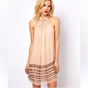 Mango Silk Beaded Halter Cocktail Dress Women’s 4